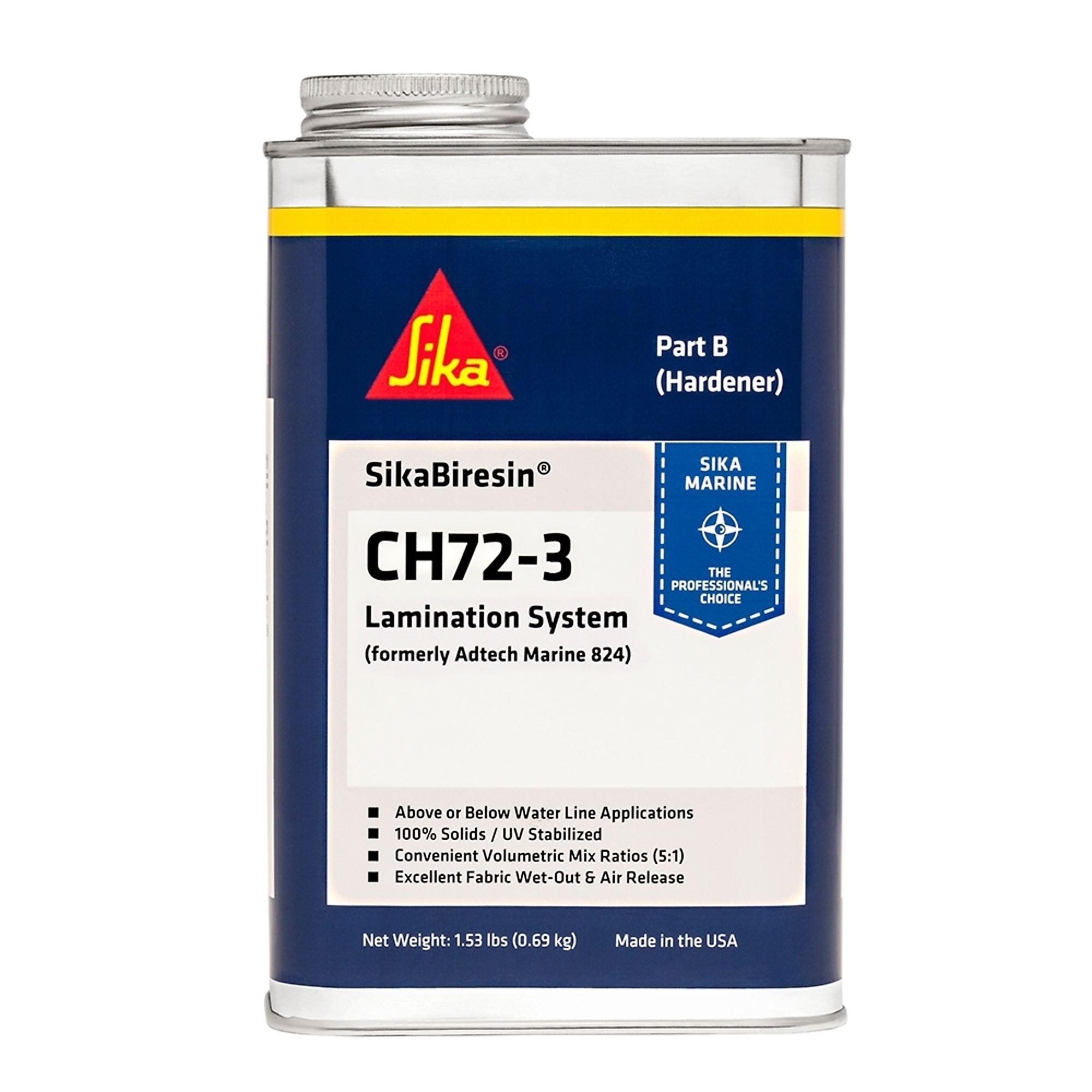 SikaBiresin CH72-3 Two-Component Epoxy Lamination System, Slow Cure, Pale Amber, 1 Quart, Part B, 4PK